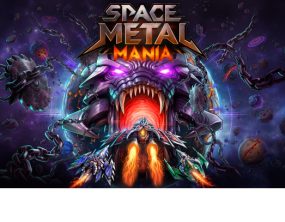 Key art de Space Metal Mania con la nave del jugador enfrentándose a un jefe monstruoso