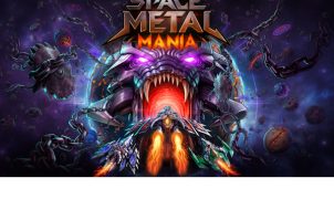 Key art de Space Metal Mania con la nave del jugador enfrentándose a un jefe monstruoso