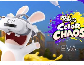 Rabbids Color Chaos - personaje Rabbid con casco EVA en escenario urbano